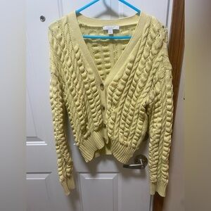 Ann Taylor Butter Yellow Chunky Cable Knit Grandpa Cardigan - 100% Cotton S
